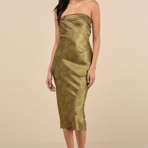 Lulus Impressive Favorite Olive Jacquard Strapless Midi Dress Green - Size XS